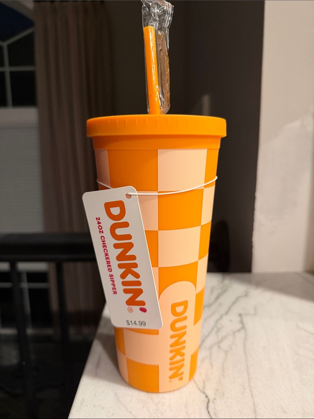 Dunkin Orange Checkered Reusable Tumbler with Straw